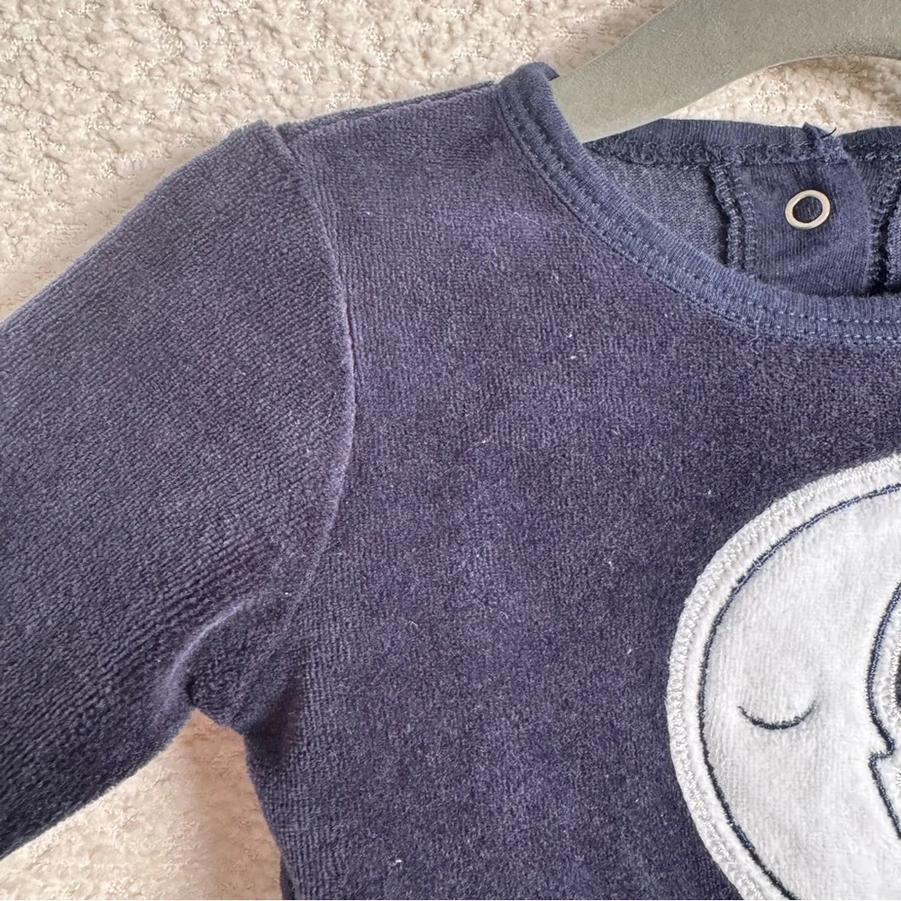 Petit Lem Baby Goodnight Embroidered Velour Navy Moon‎ Footed Sleeper 6 months